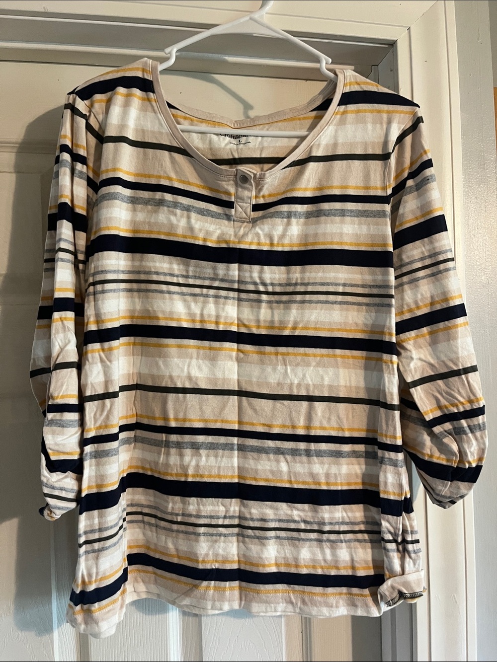 2/$10 croft & barrow Cream Striped Top with Navy and Mustard